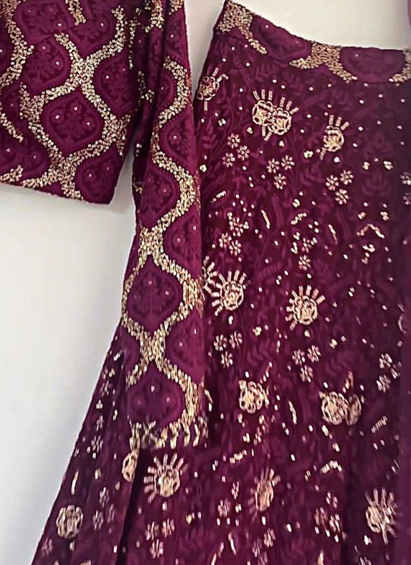 Aesthetically Faux Georgette Embroidered Wine Lehenga Choli