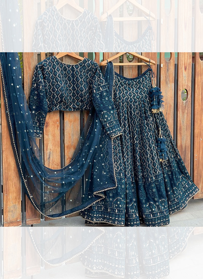 Aesthetically Sequence Embroidered Blue Georgette Lehenga Choli