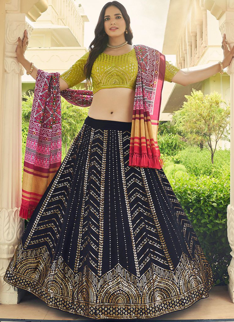 Aesthetically Thread Work Georgette Navy Blue Lehenga Choli