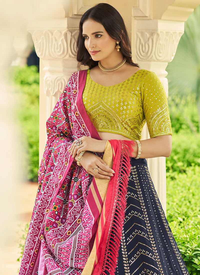 Aesthetically Thread Work Georgette Navy Blue Lehenga Choli