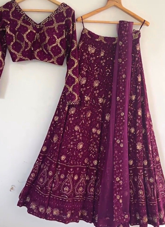 Aesthetically Faux Georgette Embroidered Wine Lehenga Choli