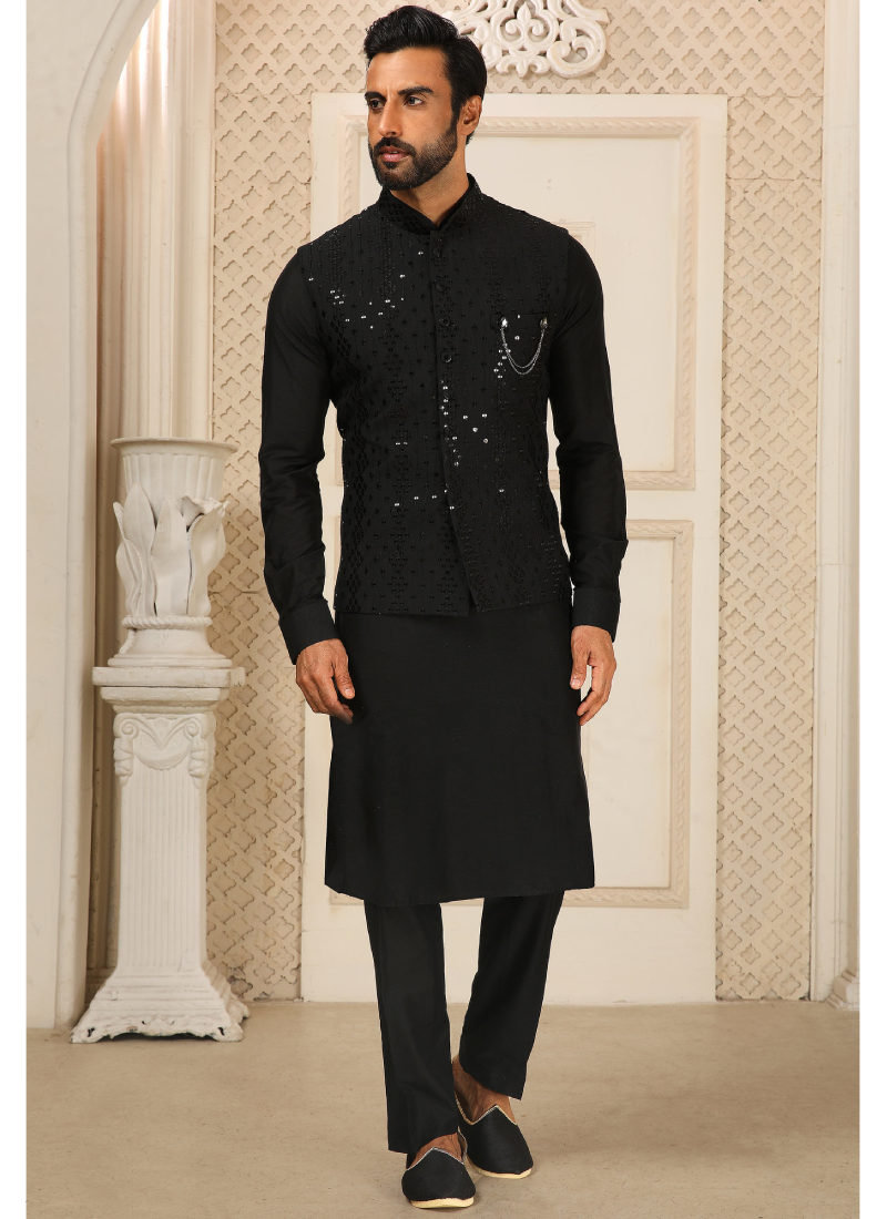 Art Silk Black Kurta Payjama With Embroidery Work Mens Jacket
